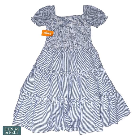 Gymboree Striped Linen-Blend Tiered Blue Puff Sleeve Smocked Dress NEW~NWT!! - Picture 8 of 12